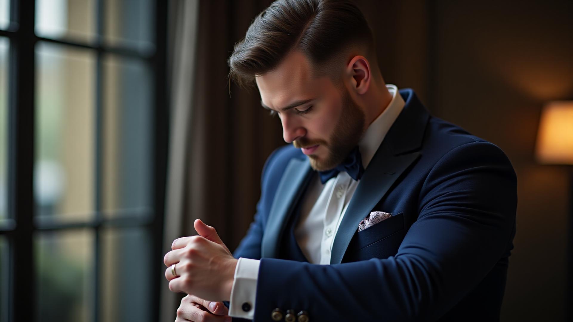 Homme élégant en costume ajusté se préparant pour un événement